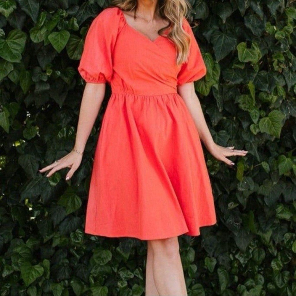 Ivy City Co. Sage Dress Puff Sleeve Mini Smocked Pockets Coral Orange NWT Size L